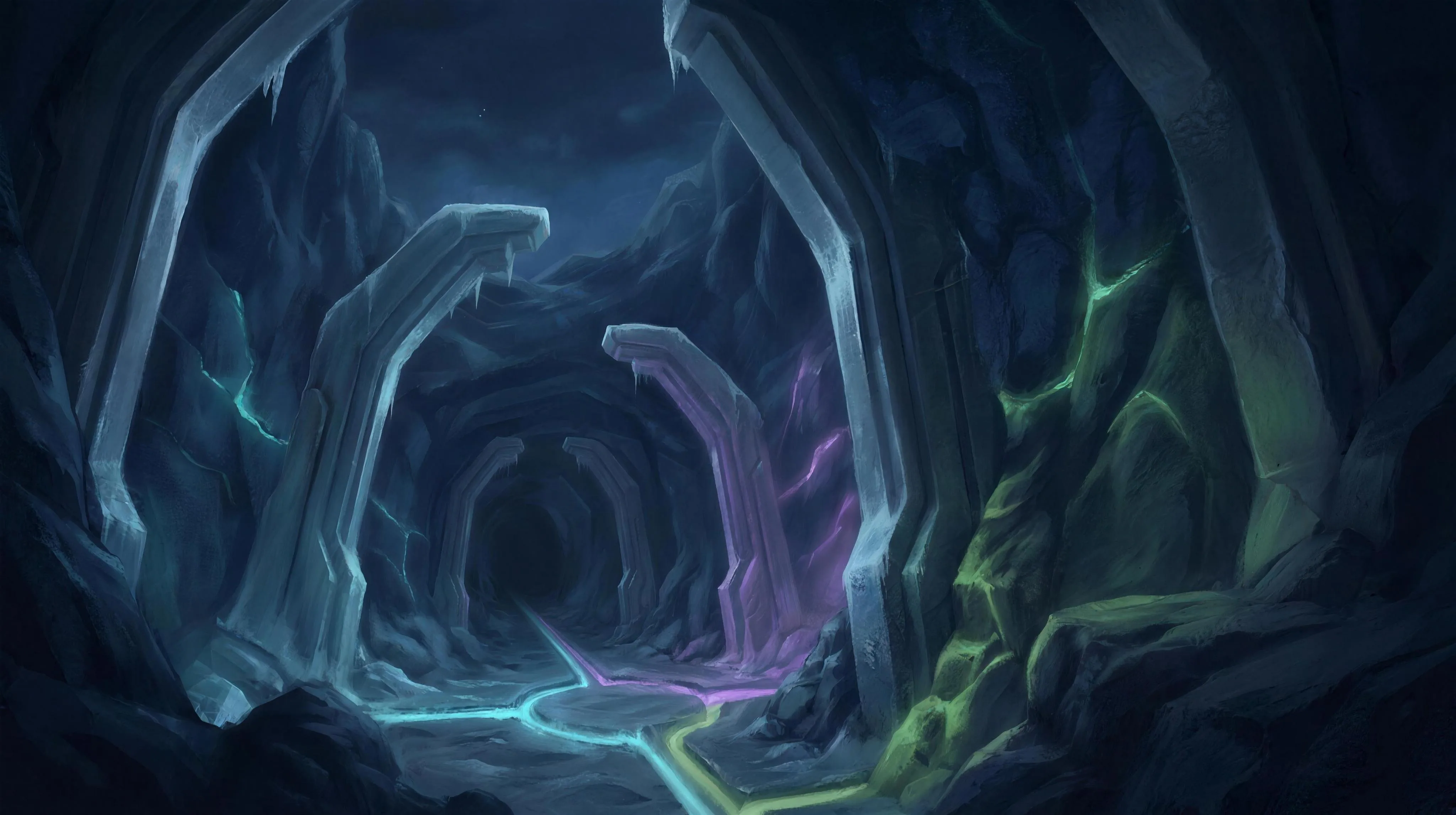 Junction deep in the rock with branching energy lines