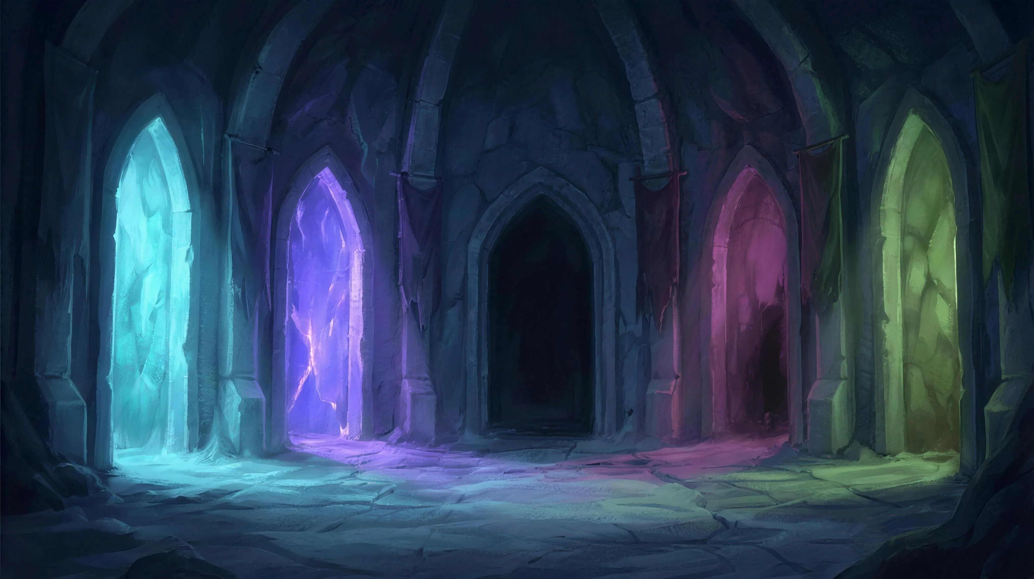 Underground hall with four alcoves glowing in different colors